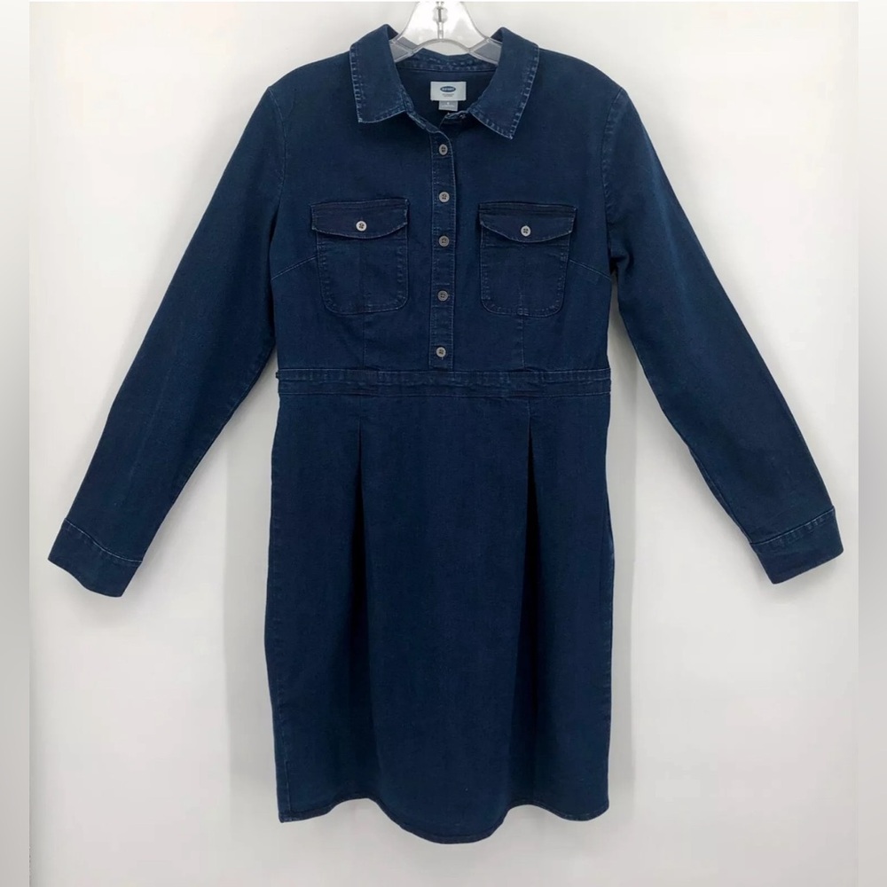 Old Navy Denim Shirtwaist Dress Dark Blue Long-Sleeve, Stretch, Knee Length